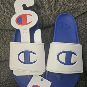 Champion White and Blue Slide Sandals with Logo